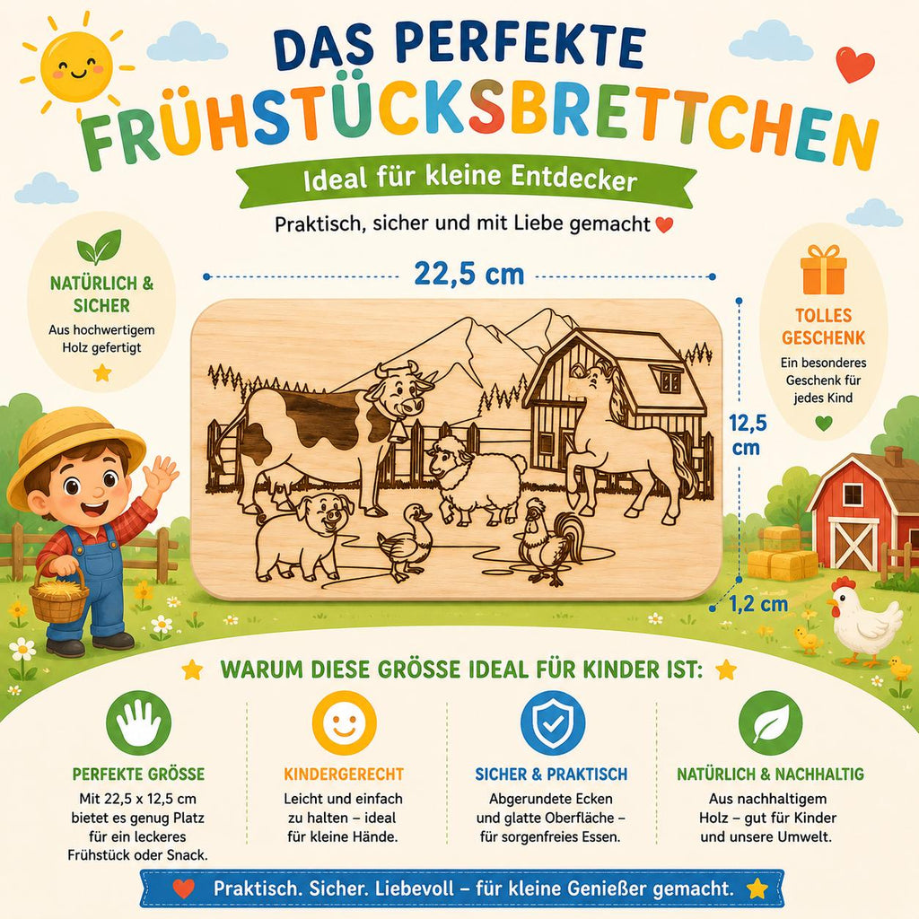 Frühstücksbrett Kinder | Ausmalbrett Bauernhof | Tiere Holzbrett | Schneidebrett | Brotzeitbrett Gravur | Geschenk Kinder | Malbrett