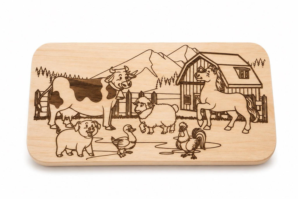 Frühstücksbrett Kinder | Ausmalbrett Bauernhof | Tiere Holzbrett | Schneidebrett | Brotzeitbrett Gravur | Geschenk Kinder | Malbrett