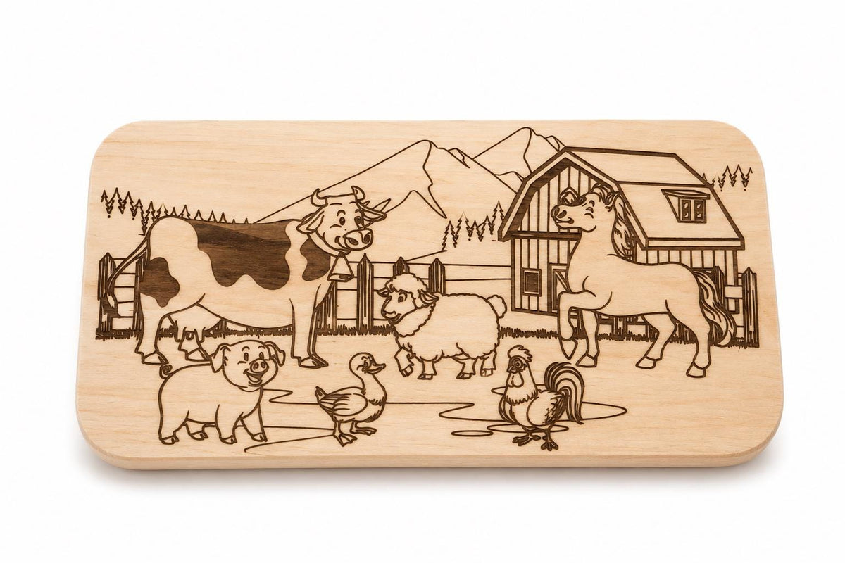 Frühstücksbrett Kinder | Ausmalbrett Bauernhof | Tiere Holzbrett | Schneidebrett | Brotzeitbrett Gravur | Geschenk Kinder | Malbrett