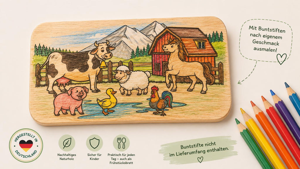 Frühstücksbrett Kinder | Ausmalbrett Bauernhof | Tiere Holzbrett | Schneidebrett | Brotzeitbrett Gravur | Geschenk Kinder | Malbrett