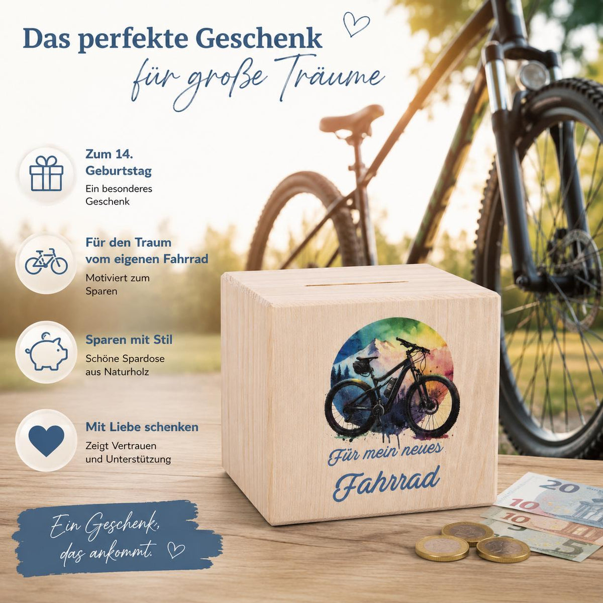 Spardose Holz | Geldgeschenk Fahrrad | Sparbox mit Schloss | Geschenk Fahrrad | Sparwürfel Holz | Für mein neues Fahrrad