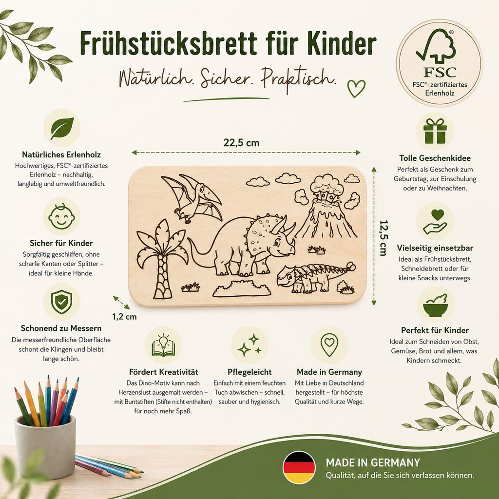 Kinder Frühstücksbrett | Dino Ausmalbrett | Brotzeitbrett Holz | Dino Geschenk | Geschenk Einschulung | Geburtstagsgeschenk
