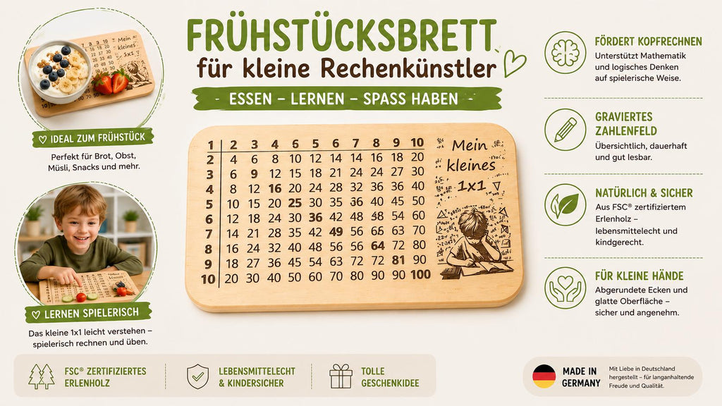 Frühstücksbrett Kinder | 1x1 Lernbrett | Brotzeitbrett Gravur | Schneidebrett Holz | Multiplikation Lernen | Montessori Geschenk|Rechenbrett