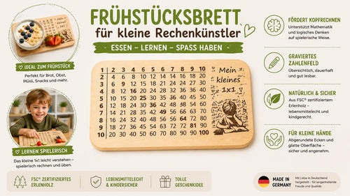Frühstücksbrett Kinder | 1x1 Lernbrett | Brotzeitbrett Gravur | Schneidebrett Holz | Multiplikation Lernen | Montessori Geschenk|Rechenbrett