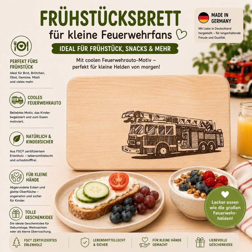 Frühstücksbrett Kinder | Feuerwehr Holzbrett | Brotzeitbrett Gravur | Schneidebrett Holz | Feuerwehrauto Motiv | Geschenk Kinder | Geschenk