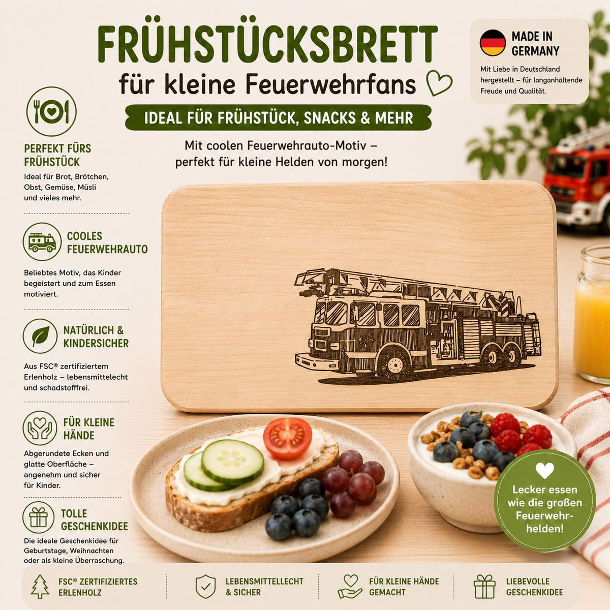 Frühstücksbrett Kinder | Feuerwehr Holzbrett | Brotzeitbrett Gravur | Schneidebrett Holz | Feuerwehrauto Motiv | Geschenk Kinder | Geschenk