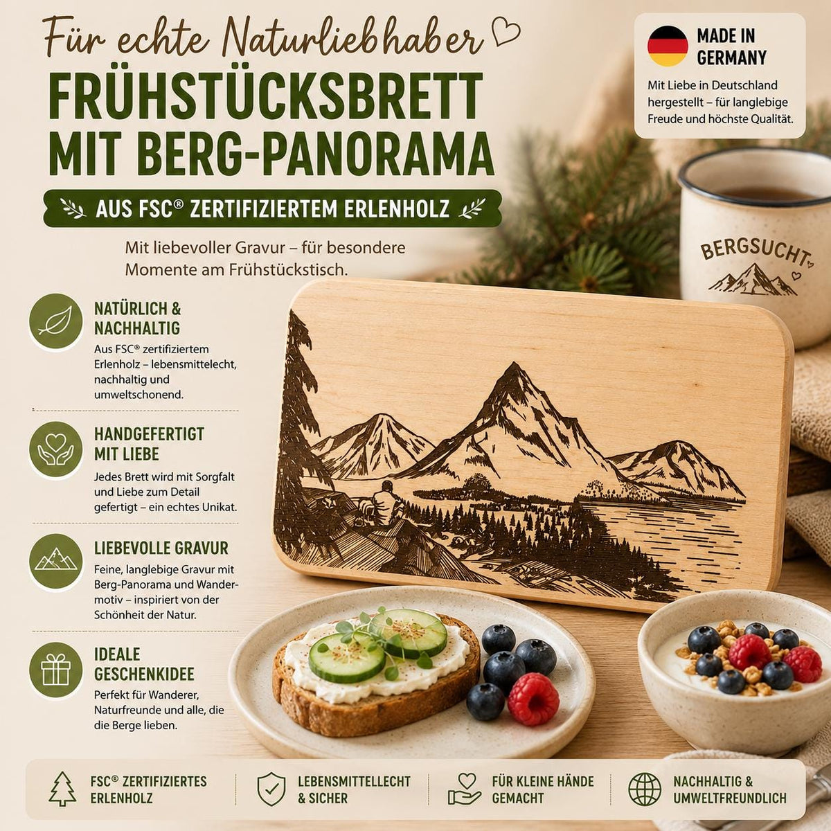 Frühstücksbrett Holz | Bergsucht Geschenk | Brotzeitbrett Wandern | Schneidebrett Holz | Bergliebe Deko | Geschenk Wanderer