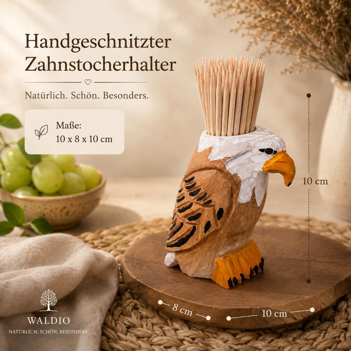 Zahnstocherhalter Holz | Handgeschnitzter Adler | Zahnstocher Spender | Küchen Deko | Geschenkidee | Handbemalt | Lindenholz