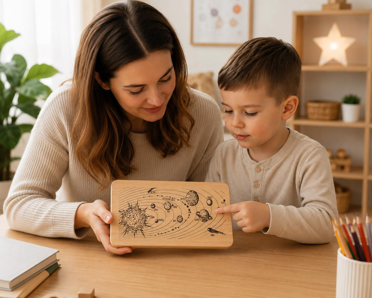 Frühstücksbrett Weltraum | Planetensystem Holzbrett | Schneidebrett Holz Gravur | Geschenk Geburtstag | Kunst | Brotzeitbrett Kinder