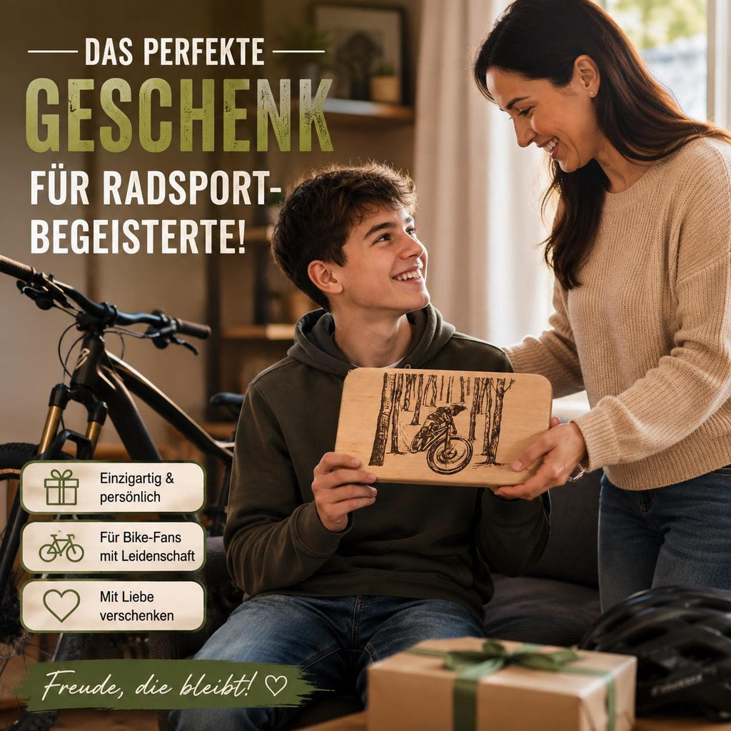 Mountainbike Geschenk | Schneidebrett Holz | Brotzeitbrett Fahrrad | Wald Motiv Holz | Geburtstagsgeschenk | Outdoor Geschenk
