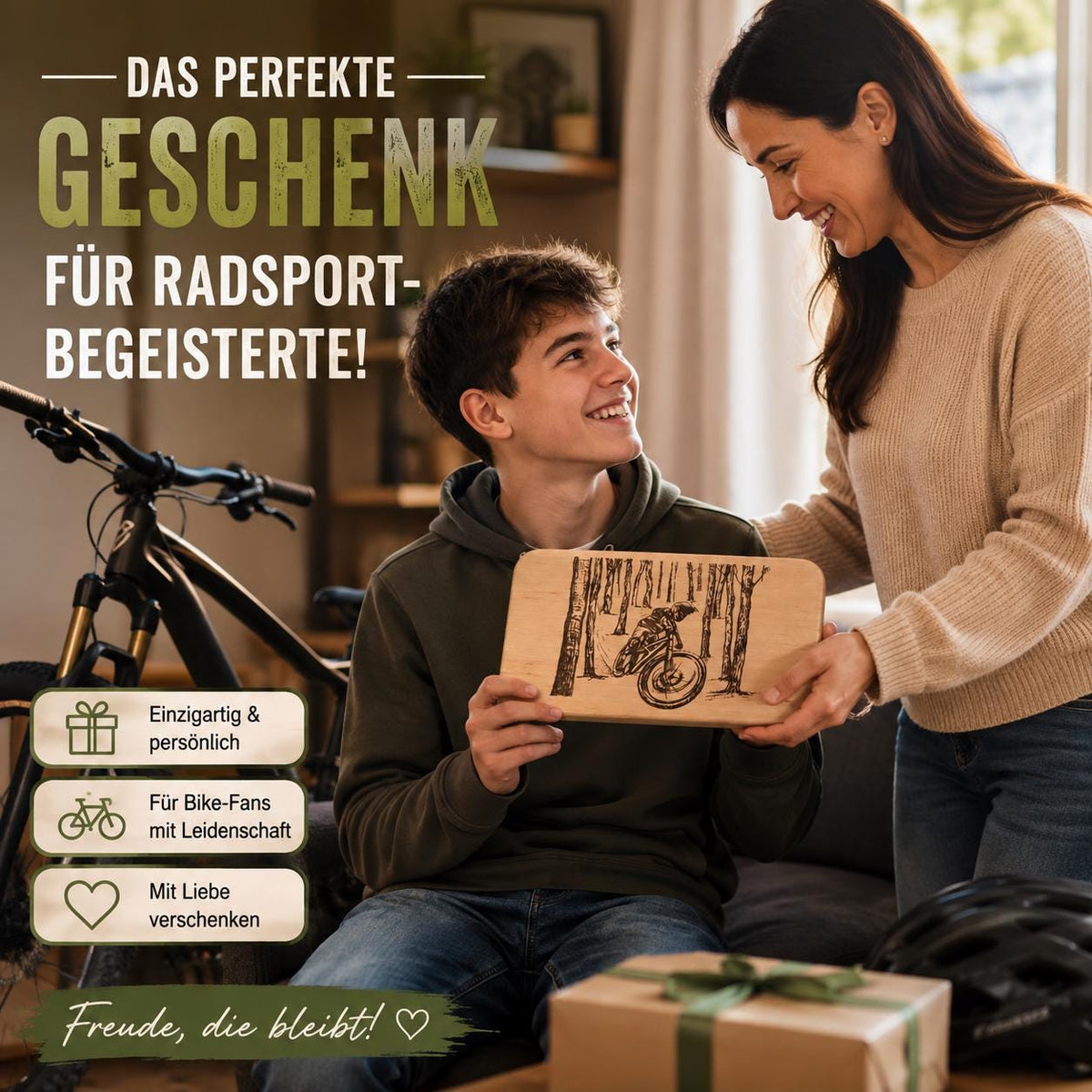 Mountainbike Geschenk | Schneidebrett Holz | Brotzeitbrett Fahrrad | Wald Motiv Holz | Geburtstagsgeschenk | Outdoor Geschenk