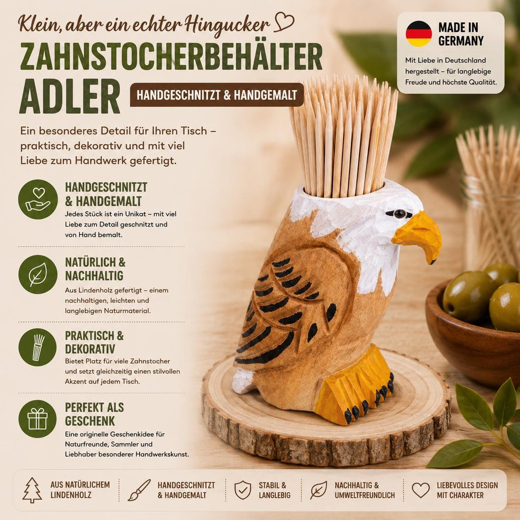Zahnstocherhalter Holz | Handgeschnitzter Adler | Zahnstocher Spender | Küchen Deko | Geschenkidee | Handbemalt | Lindenholz