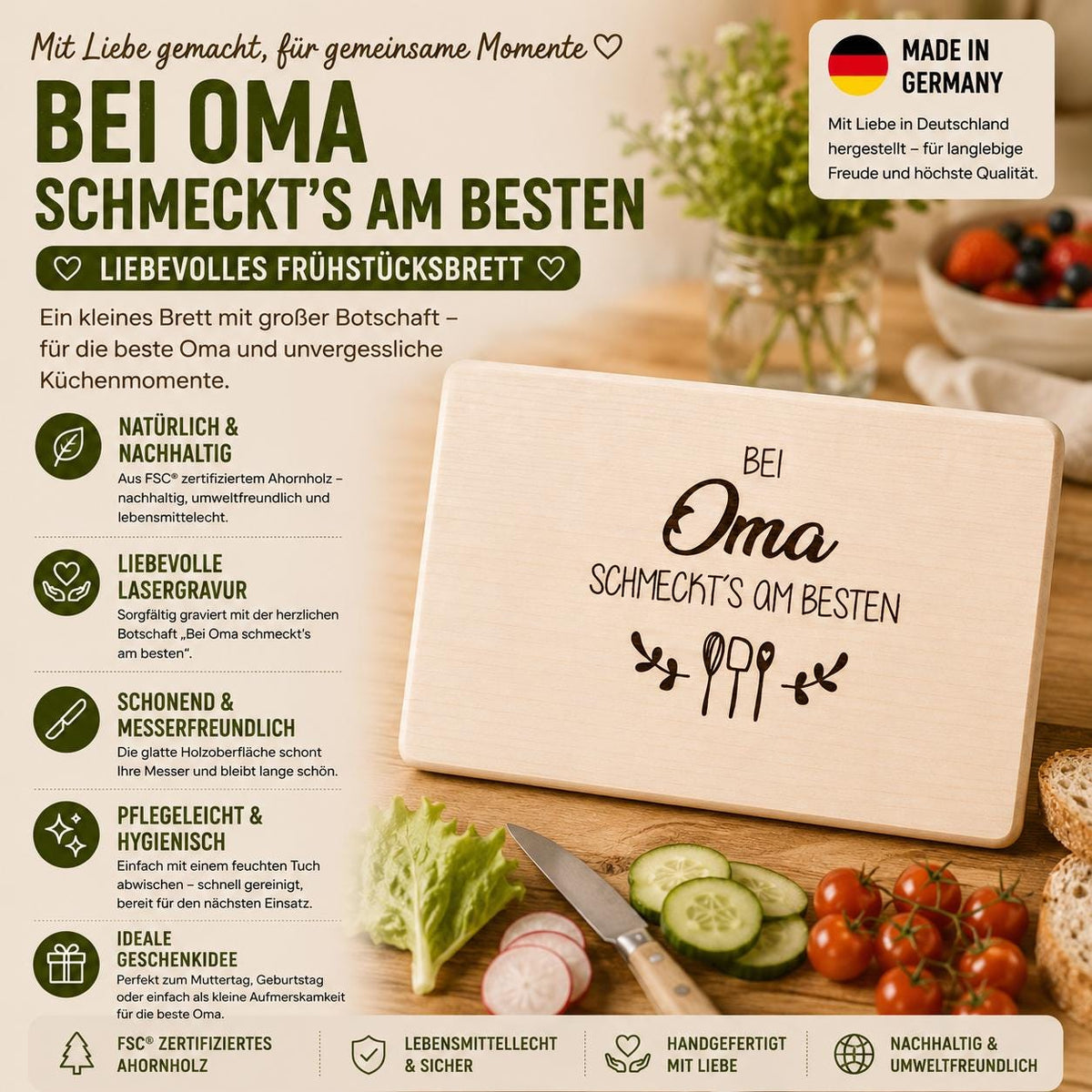 Geschenk Oma | Frühstücksbrett Holz | Schneidebrett Holz | Brotzeitbrett Gravur | Geburtstagsgeschenk | Bei Oma schmeckt's am besten