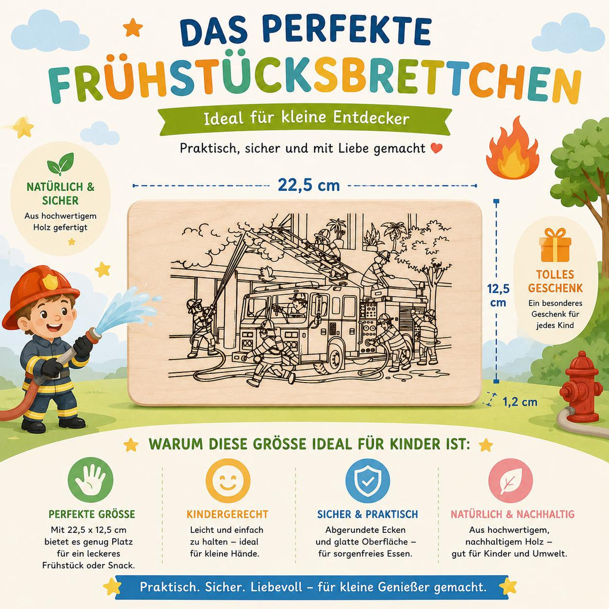 Kinder Frühstücksbrett | Feuerwehr Ausmalbrett | Brotzeitbrett Holz | Feuerwehr Geschenk | Geschenk Einschulung | Geburtstagsgeschenk