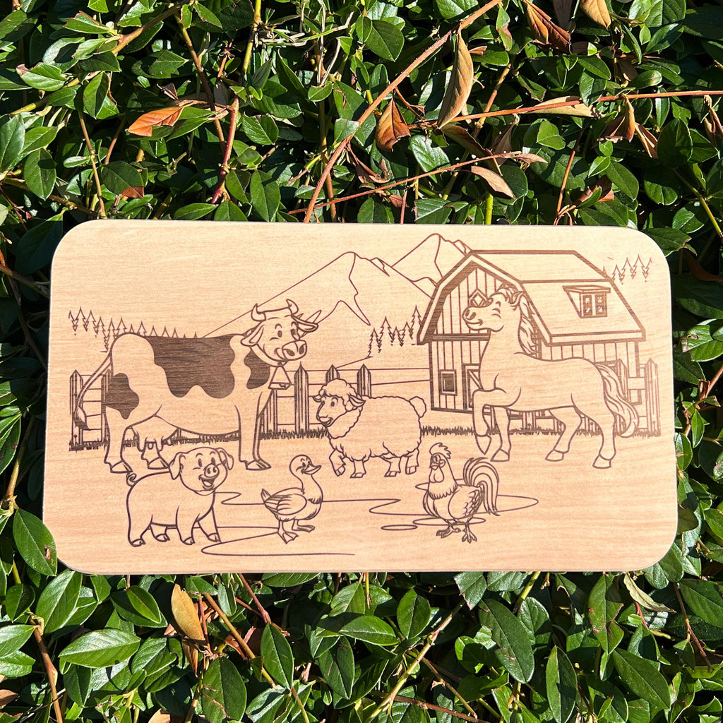 Frühstücksbrett Kinder | Ausmalbrett Bauernhof | Tiere Holzbrett | Schneidebrett | Brotzeitbrett Gravur | Geschenk Kinder | Malbrett