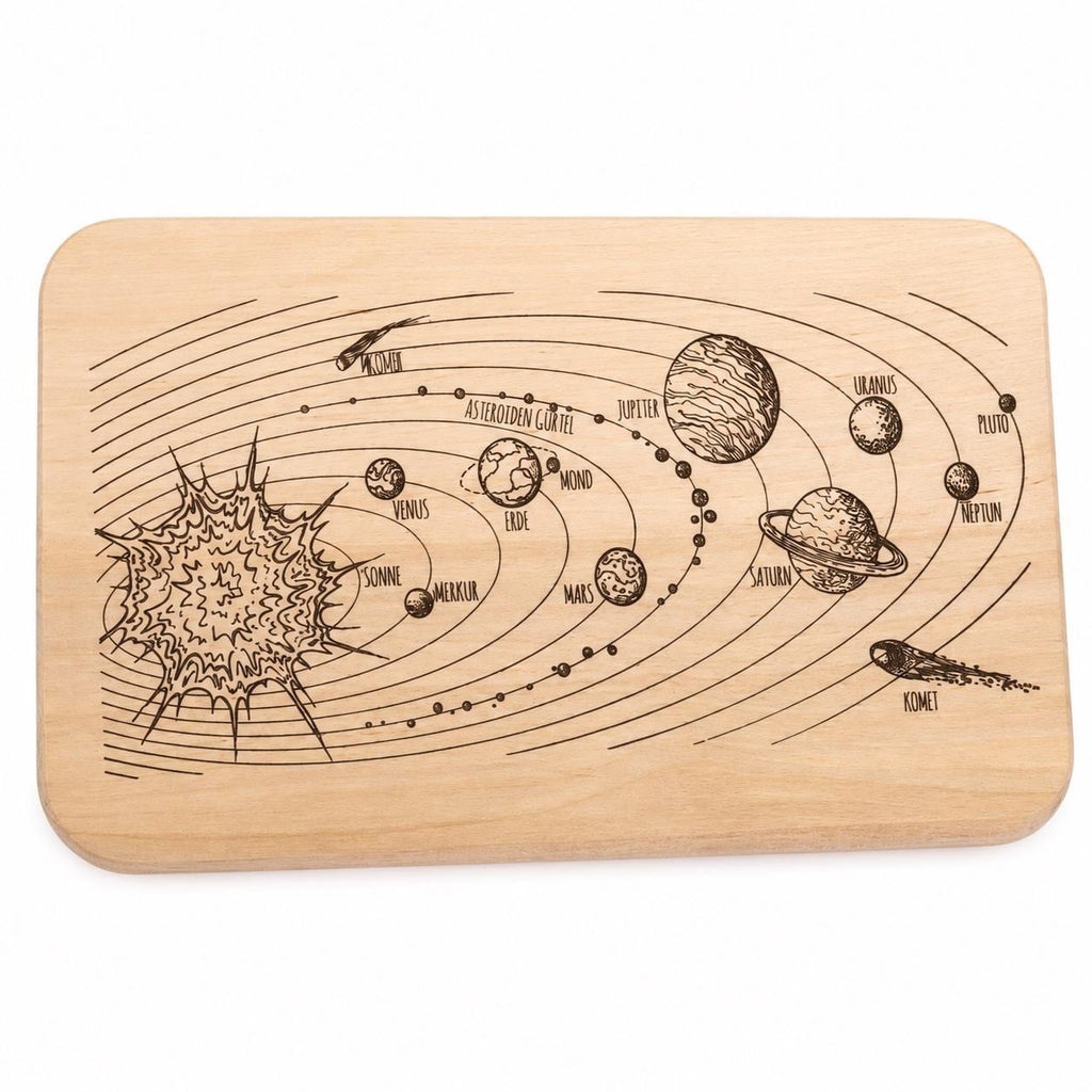 Frühstücksbrett Weltraum | Planetensystem Holzbrett | Schneidebrett Holz Gravur | Geschenk Geburtstag | Kunst | Brotzeitbrett Kinder