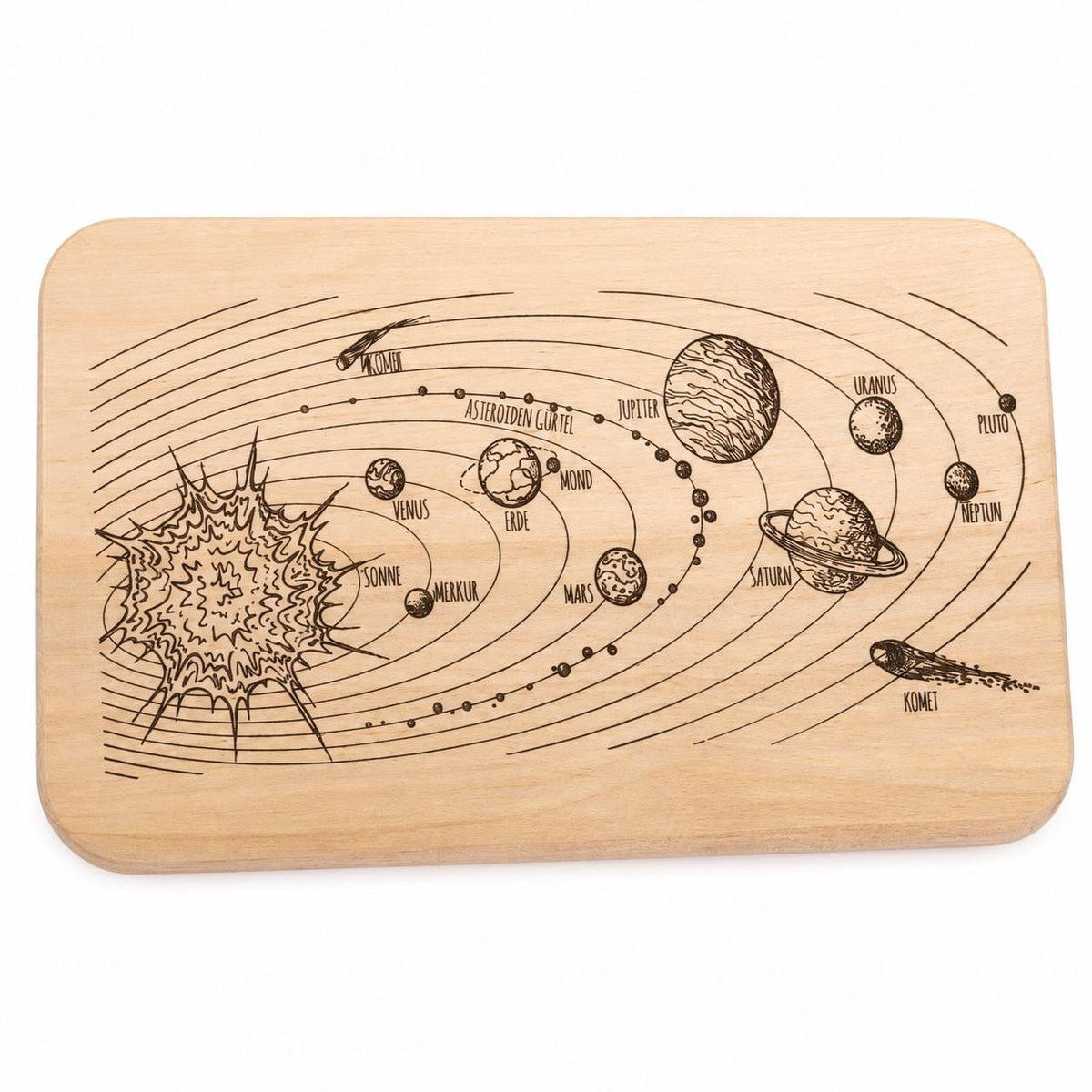 Frühstücksbrett Weltraum | Planetensystem Holzbrett | Schneidebrett Holz Gravur | Geschenk Geburtstag | Kunst | Brotzeitbrett Kinder