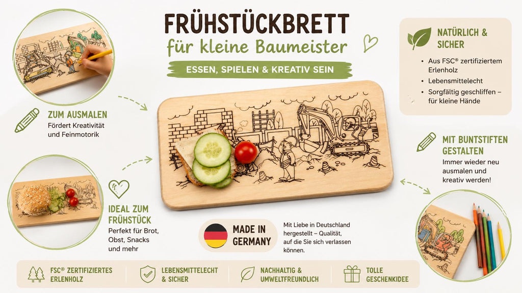 Kinder Frühstücksbrett | Baustelle Bagger | Ausmalbrett Holz | Brotzeitbrett Kinder | Geschenk Junge | Geburtstag Geschenk