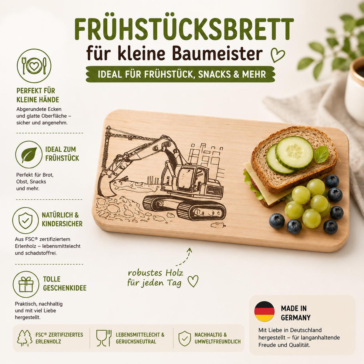 Frühstücksbrett Kinder | Bagger Holzbrett | Brotzeitbrett Gravur | Schneidebrett Holz | Baustelle Motiv | Geschenk Junge | Frühstücksbrett