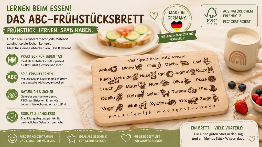 Schneidebrett Holz | Frühstücksbrett Kinder | ABC Lernbrett | Alphabet Lernen | Einschulung Geschenk | Geburtstagsgeschenk |Holzbrett Kinder