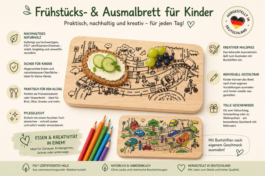 Frühstücksbrett Kinder | Ausmalbrett Autos | Verkehr Holzbrett | Schneidebrett | Malbuch | Geschenk Junge | Ausmalbilder