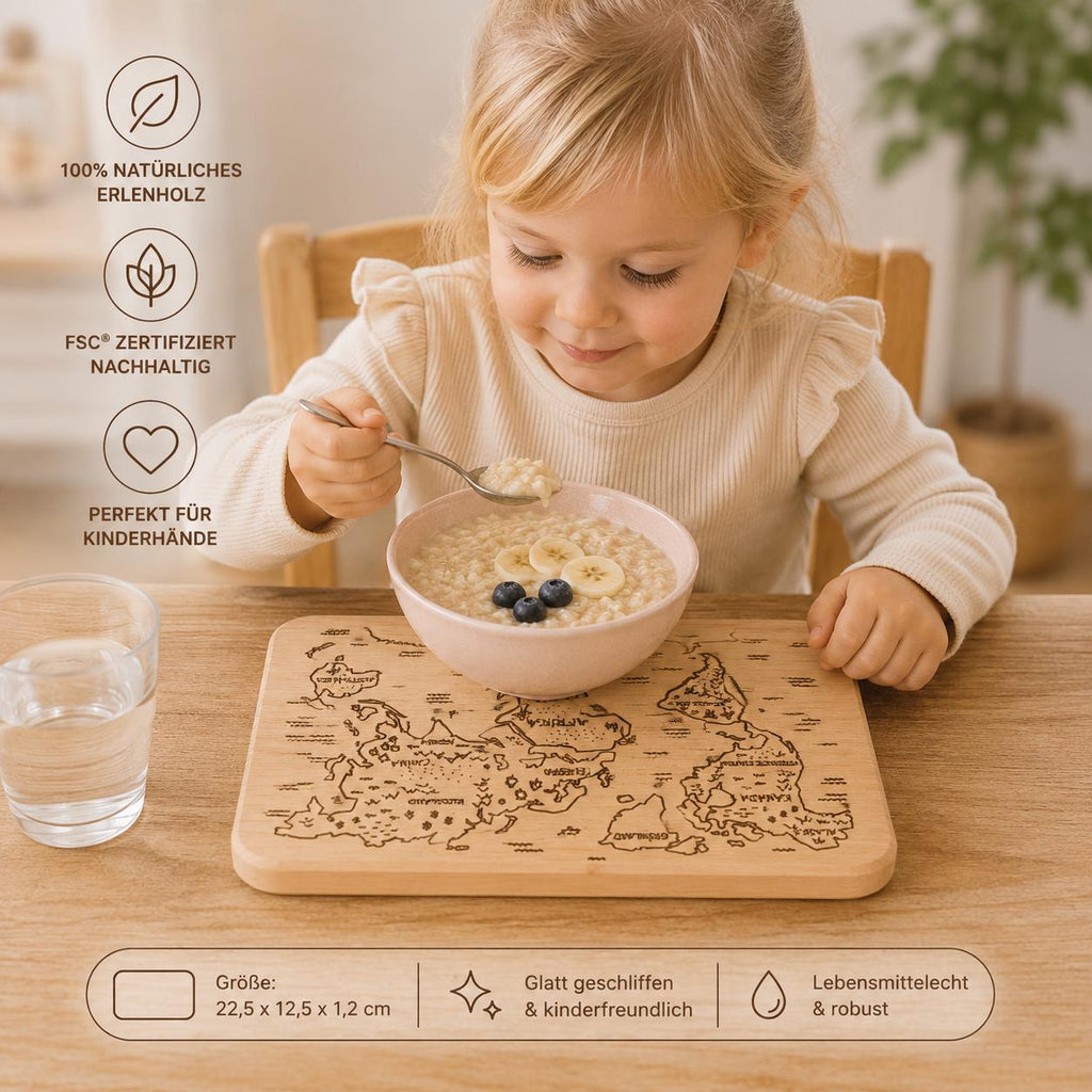 Frühstücksbrett Kinder | Weltkarte Lernbrett | Brotzeitbrett Gravur | Schneidebrett Holz | Holzbrett Weltkarte | Geschenk Kinder |