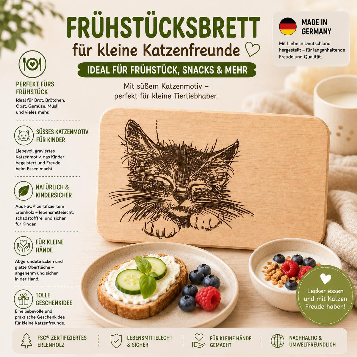 Frühstücksbrett Kinder | Katzen Holzbrett | Brotzeitbrett Gravur | Schneidebrett Holz | Kätzchen Motiv | Geschenk Kinder | Frühstücksbrett