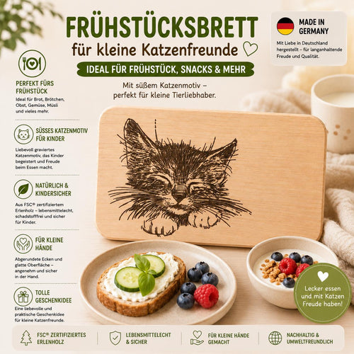Frühstücksbrett Kinder | Katzen Holzbrett | Brotzeitbrett Gravur | Schneidebrett Holz | Kätzchen Motiv | Geschenk Kinder | Frühstücksbrett