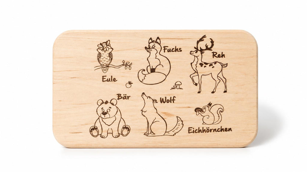 Frühstücksbrett Kinder | Waldtiere Holzbrett | Schneidebrett mit Tiernamen | Brotzeitbrett Gravur | Geschenk Kind | Baby Geschenk