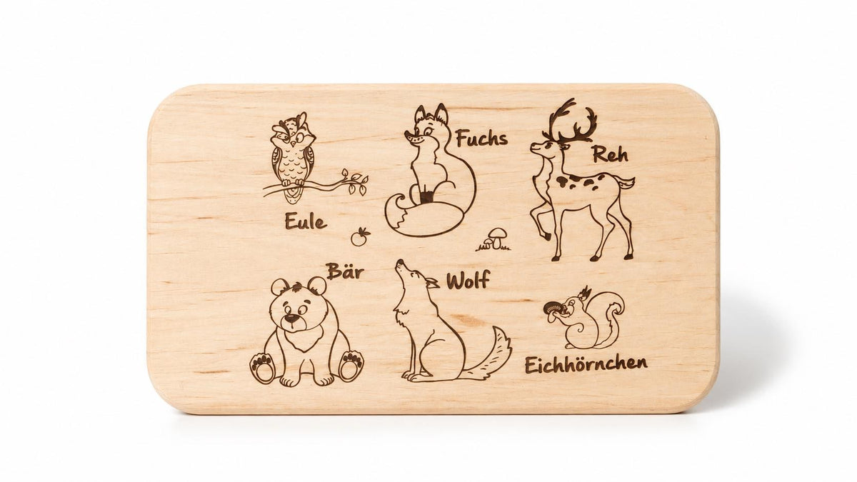 Frühstücksbrett Kinder | Waldtiere Holzbrett | Schneidebrett mit Tiernamen | Brotzeitbrett Gravur | Geschenk Kind | Baby Geschenk