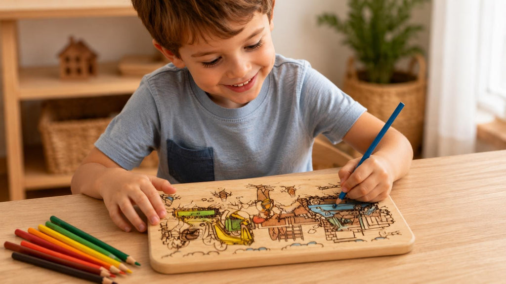 Kinder Frühstücksbrett | Baustelle Bagger | Ausmalbrett Holz | Brotzeitbrett Kinder | Geschenk Junge | Geburtstag Geschenk