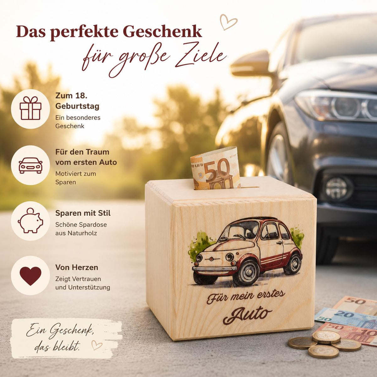 Spardose Holz | Geldgeschenk Auto | Sparbox mit Schloss | Geschenk Führerschein | Sparwürfel Holz | Für mein erstes Auto