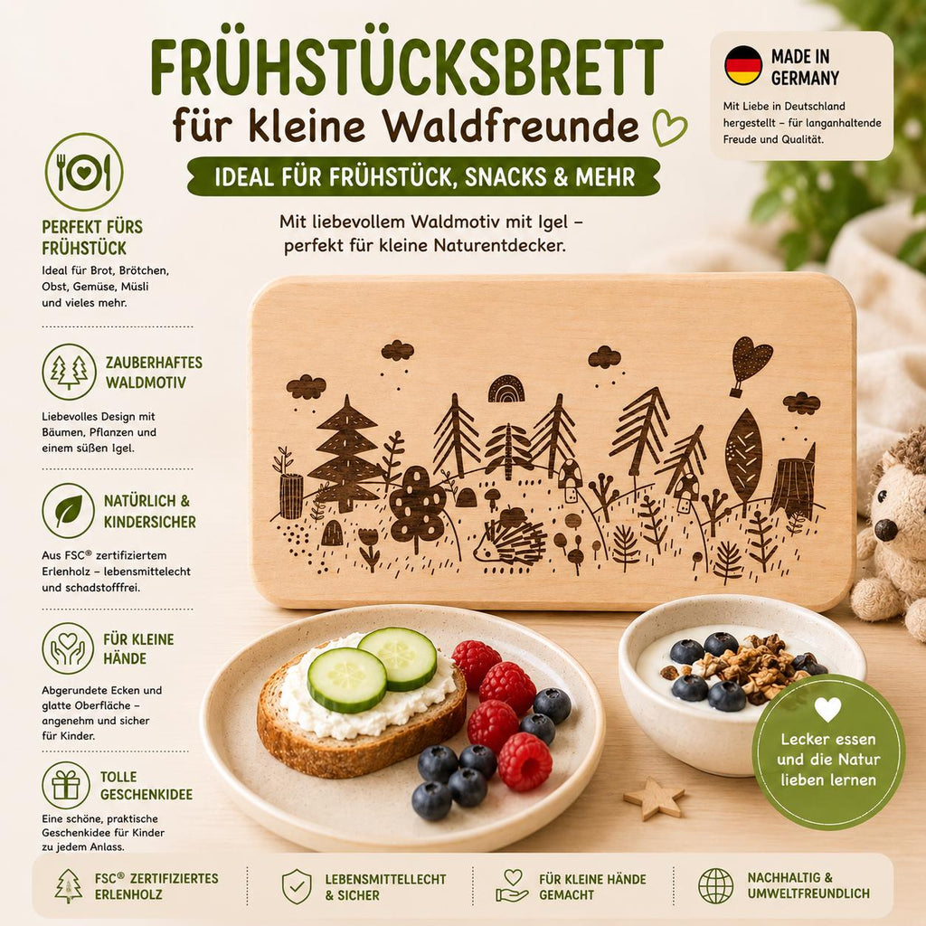 Frühstücksbrett Kinder | Waldtiere Igel | Brotzeitbrett Gravur | Schneidebrett Holz | Wald Motiv | Geschenk Kinder | Holzbrett Wald