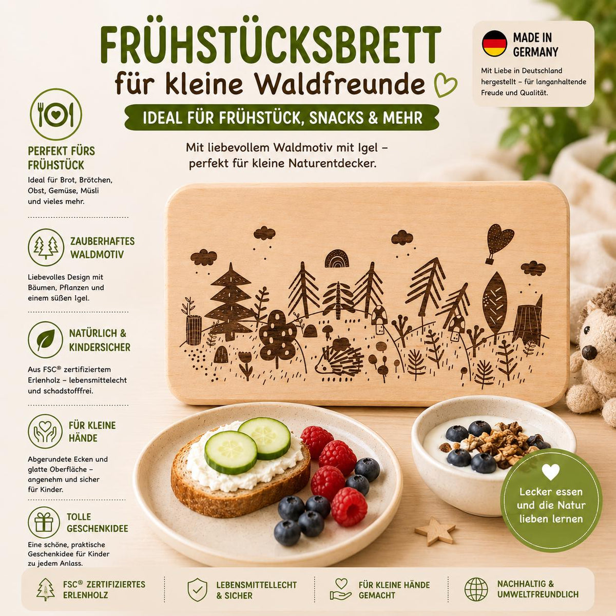 Frühstücksbrett Kinder | Waldtiere Igel | Brotzeitbrett Gravur | Schneidebrett Holz | Wald Motiv | Geschenk Kinder | Holzbrett Wald
