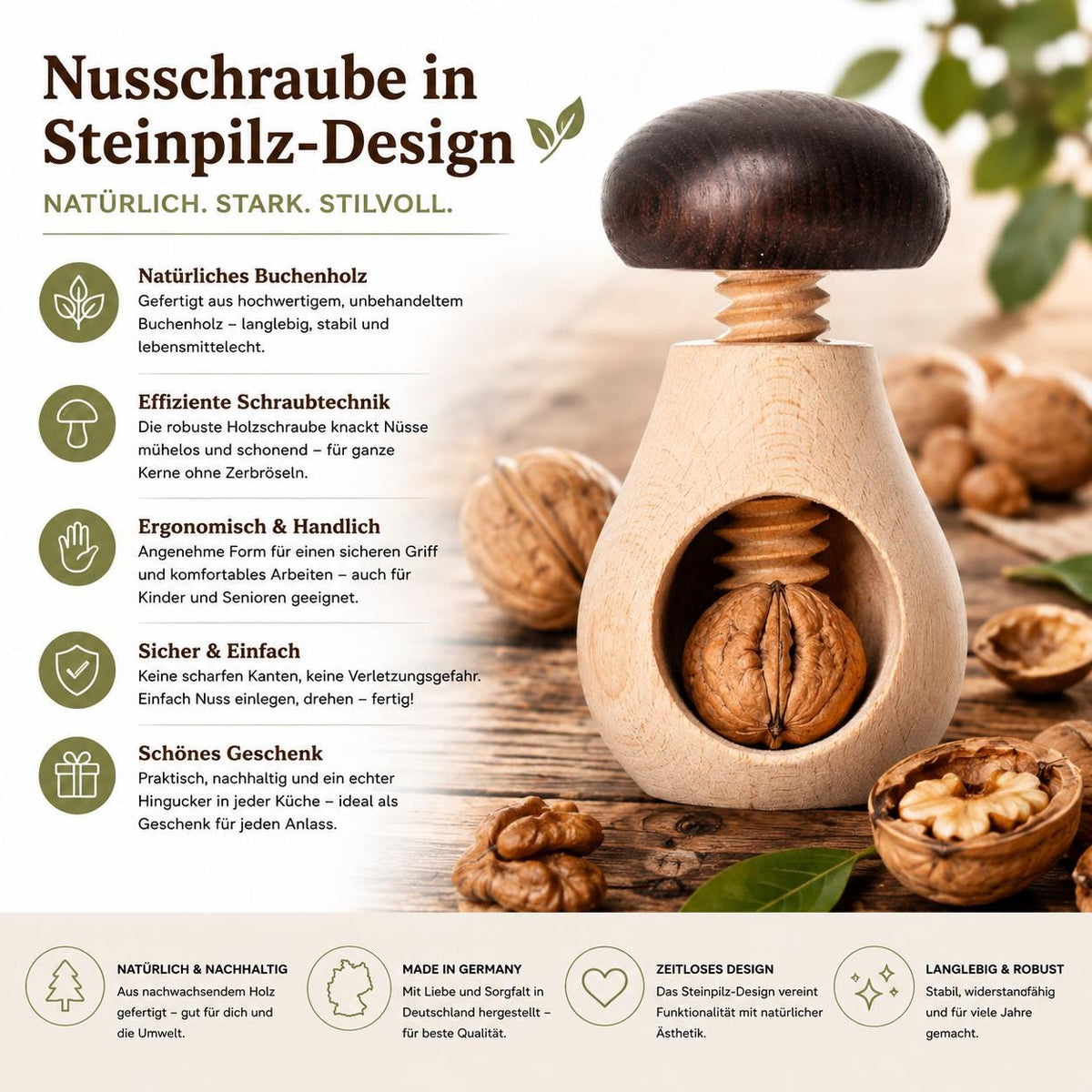 Nussknacker Holz | Nussschraube Buche | Steinpilz Design | Walnussknacker | Küchenhelfer | Geschenk Küche | Wooden Nutcracker