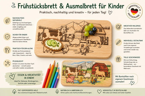 Frühstücksbrett Kinder | Ausmalbrett Bauernhof | Tiere Holzbrett | Schneidebrett | Brotzeitbrett Gravur | Geschenk Kinder | Malbrett