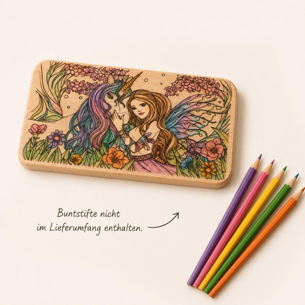 Schneiderbrett Holz Frühstücksbrett Für Kinder Geschenk FSC® Erle 22,5 x 12,5 cm - Prinzessin Fee mit Einhorn ausmalbar