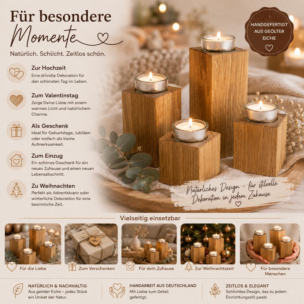 Teelichthalter Set | Adventskranz Holz | Kerzenhalter Holz | Wohnzimmer Deko | Einzugsgeschenk | Weihnachtsdeko Holz