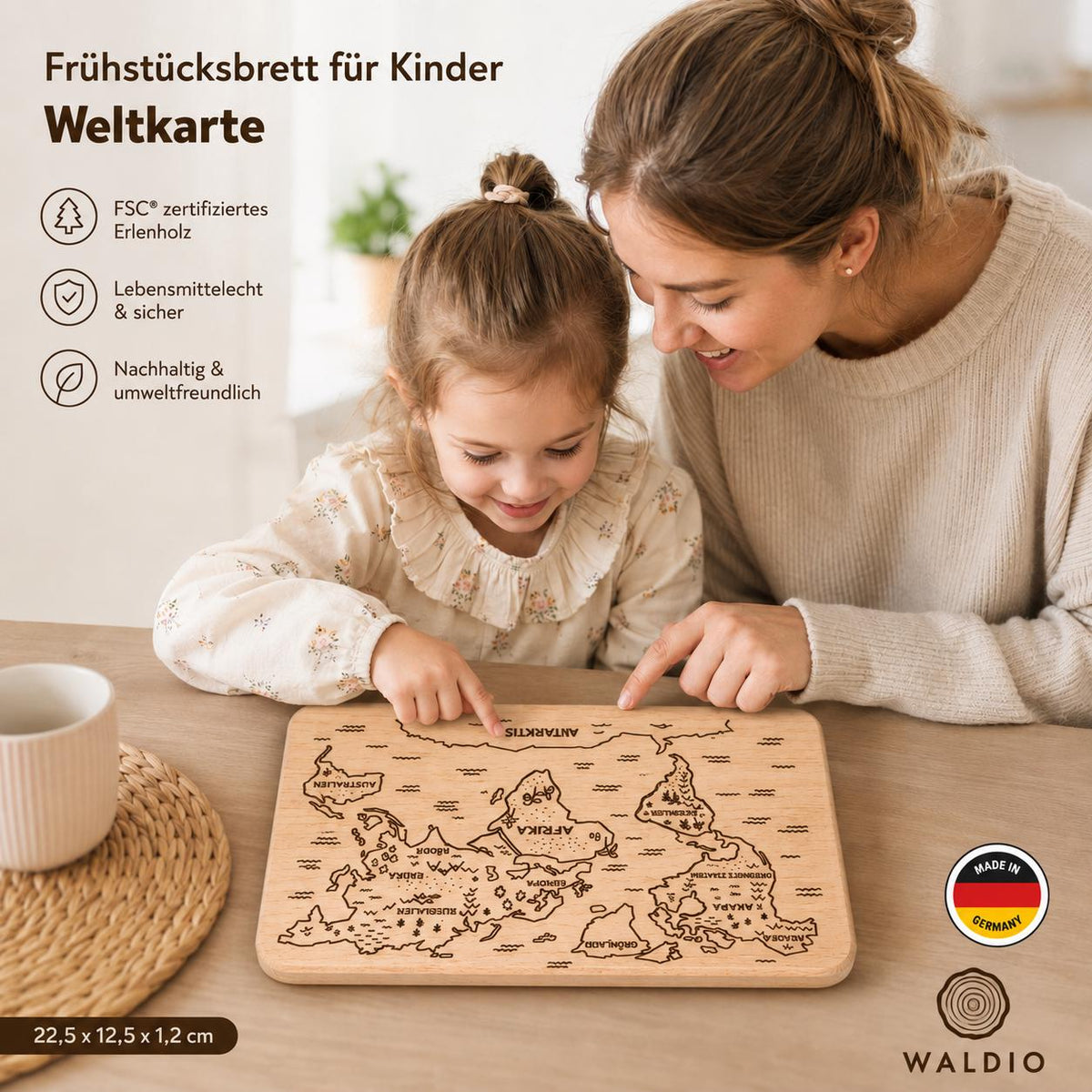 Frühstücksbrett Kinder | Weltkarte Lernbrett | Brotzeitbrett Gravur | Schneidebrett Holz | Holzbrett Weltkarte | Geschenk Kinder |