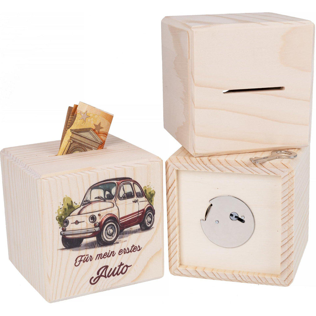 Spardose Holz | Geldgeschenk Auto | Sparbox mit Schloss | Geschenk Führerschein | Sparwürfel Holz | Für mein erstes Auto