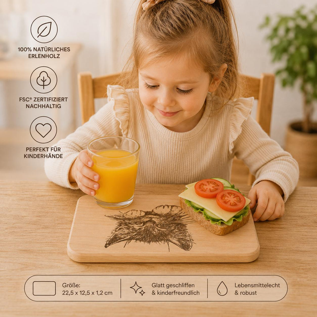 Frühstücksbrett Kinder | Katzen Holzbrett | Brotzeitbrett Gravur | Schneidebrett Holz | Kätzchen Motiv | Geschenk Kinder | Frühstücksbrett