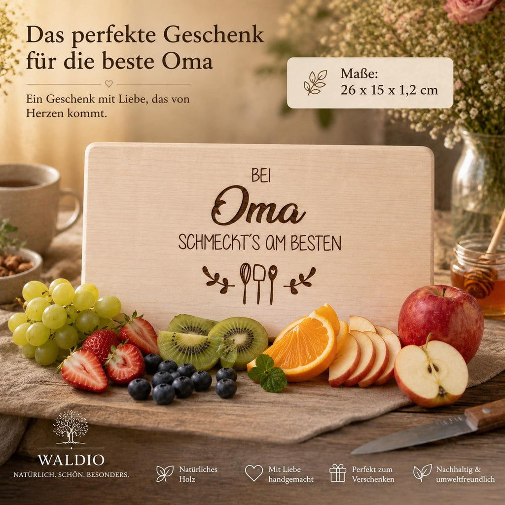 Geschenk Oma | Frühstücksbrett Holz | Schneidebrett Holz | Brotzeitbrett Gravur | Geburtstagsgeschenk | Bei Oma schmeckt's am besten