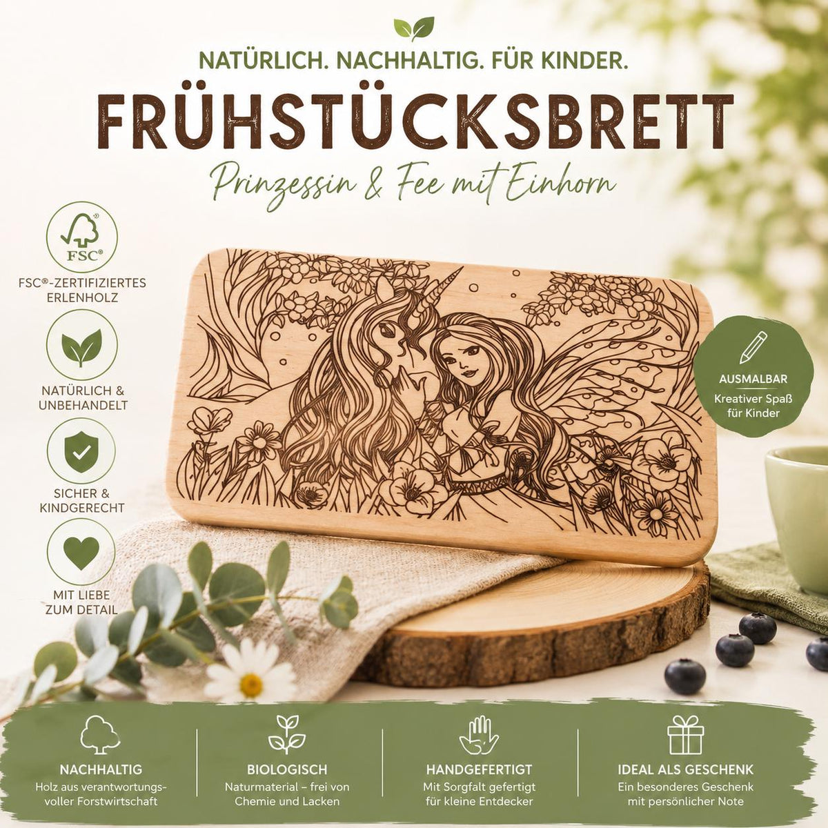 Schneiderbrett Holz Frühstücksbrett Für Kinder Geschenk FSC® Erle 22,5 x 12,5 cm - Prinzessin Fee mit Einhorn ausmalbar