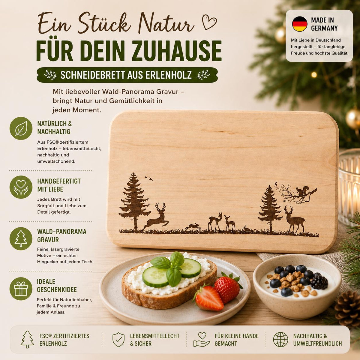 Schneidebrett Holz | Wald Panorama | Brotzeitbrett Küche | Holzbrett Deko | Geschenkidee Natur | Geburtstagsgeschenk