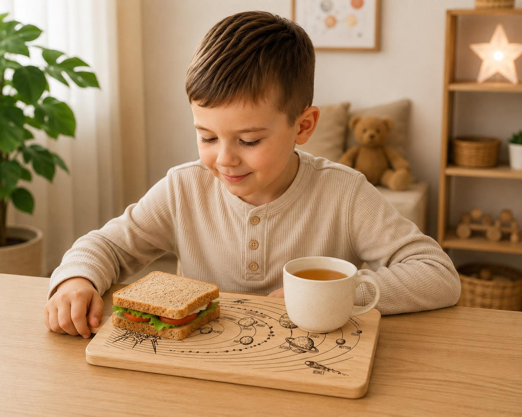 Frühstücksbrett Weltraum | Planetensystem Holzbrett | Schneidebrett Holz Gravur | Geschenk Geburtstag | Kunst | Brotzeitbrett Kinder