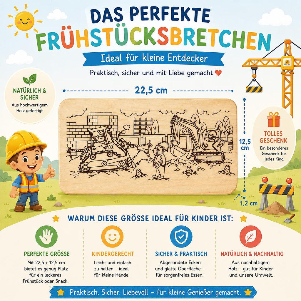 Kinder Frühstücksbrett | Baustelle Bagger | Ausmalbrett Holz | Brotzeitbrett Kinder | Geschenk Junge | Geburtstag Geschenk