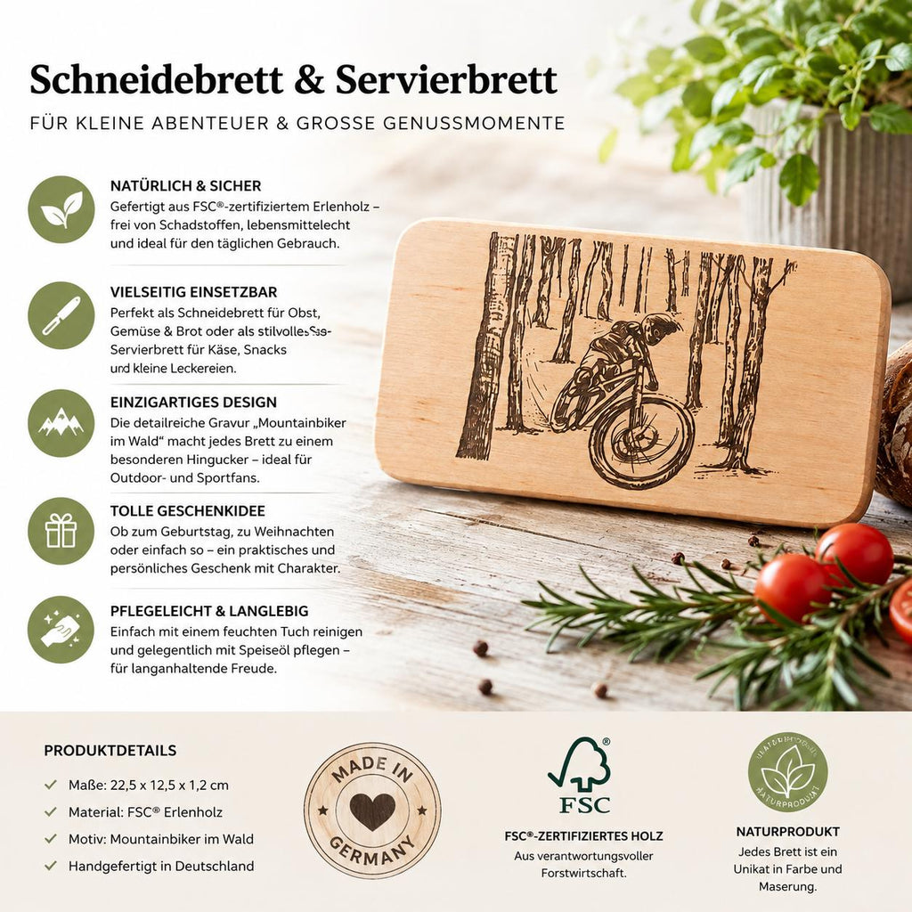 Mountainbike Geschenk | Schneidebrett Holz | Brotzeitbrett Fahrrad | Wald Motiv Holz | Geburtstagsgeschenk | Outdoor Geschenk