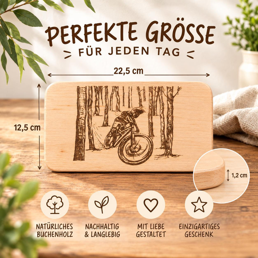 Mountainbike Geschenk | Schneidebrett Holz | Brotzeitbrett Fahrrad | Wald Motiv Holz | Geburtstagsgeschenk | Outdoor Geschenk