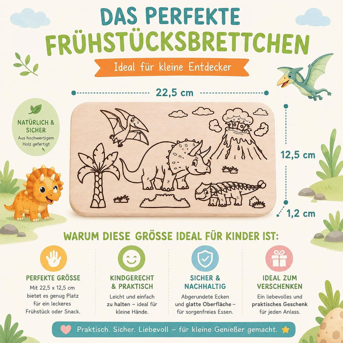 Kinder Frühstücksbrett | Dino Ausmalbrett | Brotzeitbrett Holz | Dino Geschenk | Geschenk Einschulung | Geburtstagsgeschenk