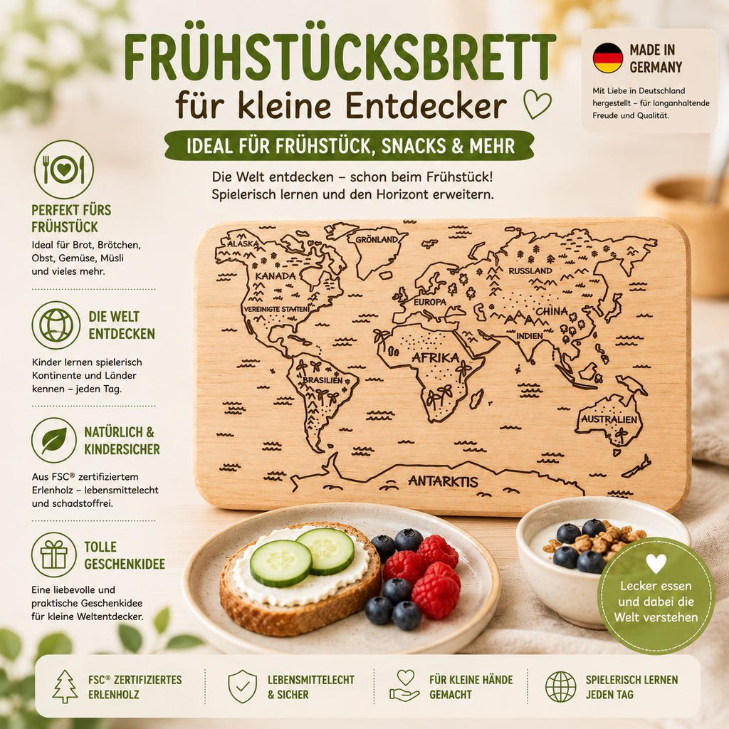Frühstücksbrett Kinder | Weltkarte Lernbrett | Brotzeitbrett Gravur | Schneidebrett Holz | Holzbrett Weltkarte | Geschenk Kinder |